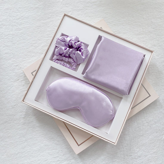 Luxury Satin Sleep Mask Gift Set,4-Piece with Pillowcase and Hair Accessories(Violet)