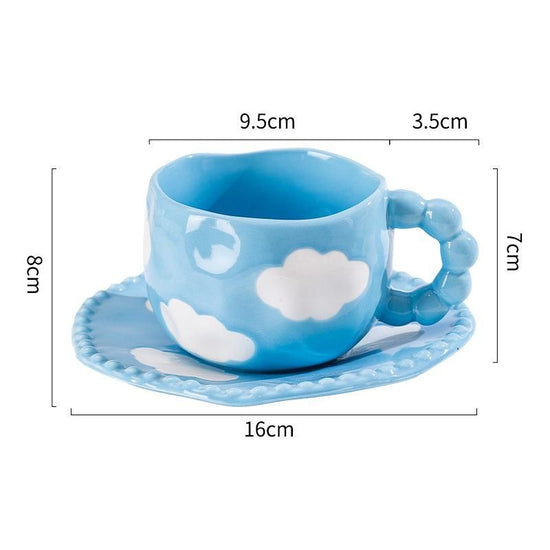 Hand-Painted Ceramic Coffee Mug and Saucer Set - Whimsical Afternoon Tea Cup with Spoon(Blue sky and white clouds)