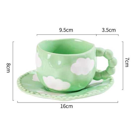 Hand-Painted Ceramic Coffee Mug and Saucer Set - Whimsical Afternoon Tea Cup with Spoon(White cloud-green)