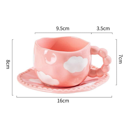 Hand-Painted Ceramic Coffee Mug and Saucer Set - Whimsical Afternoon Tea Cup with Spoon(White cloud-pink)
