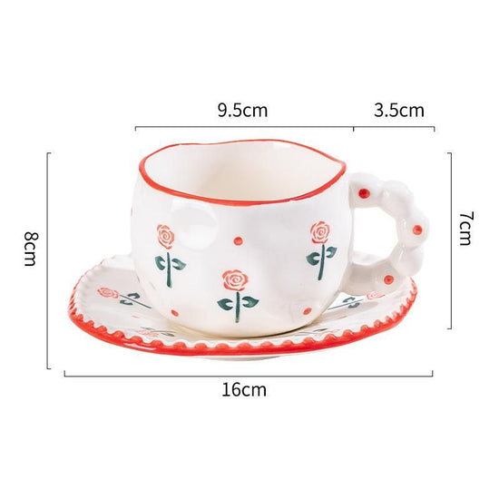 Hand-Painted Ceramic Coffee Mug and Saucer Set - Whimsical Afternoon Tea Cup with Spoon(Red rose)