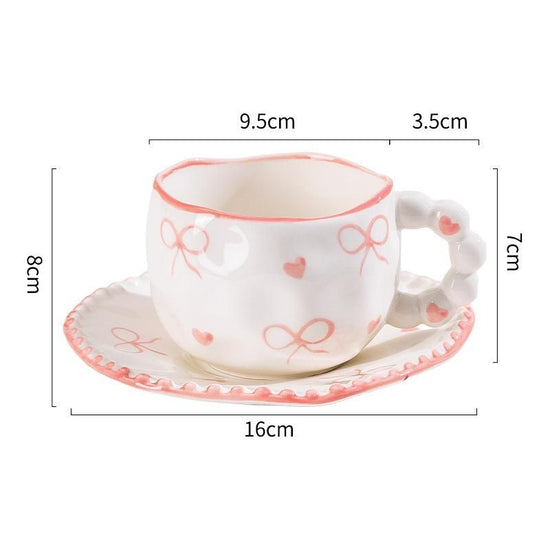 Hand-Painted Ceramic Coffee Mug and Saucer Set - Whimsical Afternoon Tea Cup with Spoon(Pink-edged bow)