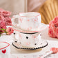 Hand-Painted Ceramic Coffee Mug and Saucer Set - Whimsical Afternoon Tea Cup with Spoon(Black-edged bow)