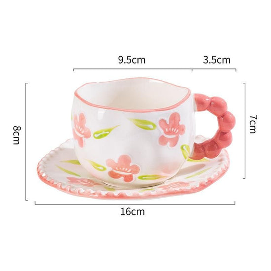 Hand-Painted Ceramic Coffee Mug and Saucer Set - Whimsical Afternoon Tea Cup with Spoon(Smiley pink flower)