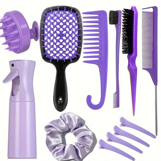 Complete Hair Styling Kit with Detangling Brushes, Combs, Spray Bottle, and Accessories(Purple)