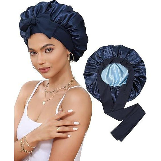 Luxury Double-Sided Satin Bonnet with Elastic Band(Navy blue + light blue lining)