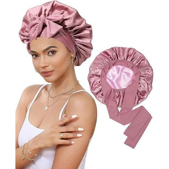 Luxury Double-Sided Satin Bonnet with Elastic Band(Leather red + pink lining)