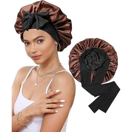 Luxury Double-Sided Satin Bonnet with Elastic Band(Black + brown lining)