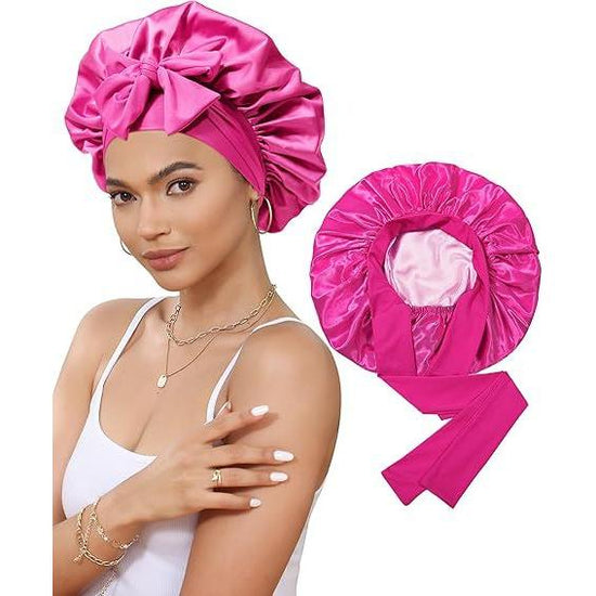 Luxury Double-Sided Satin Bonnet with Elastic Band(Rose red + pink lining)