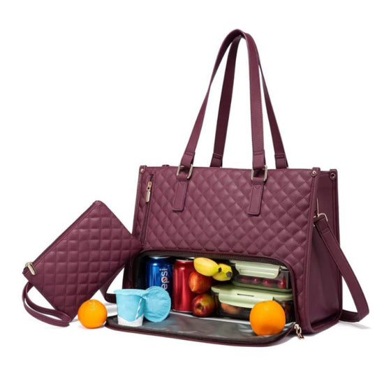 Stylish Quilted Laptop & Lunch Tote Bag , Water-Resistant with Insulated Compartment & Clutch(Wine red)