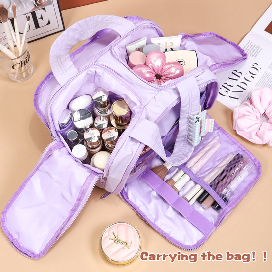 Portable Multi-Compartment Travel Toiletry & Makeup Organizer Bag with Brush Holders(Light purple)