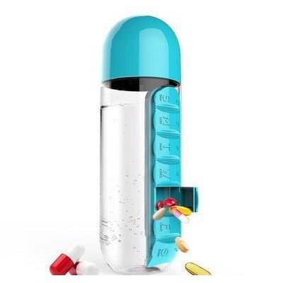 2-in-1 Water Bottle with 7-Day Pill Organizer - 600ml BPA-Free, Portable & Leakproof(Blue)