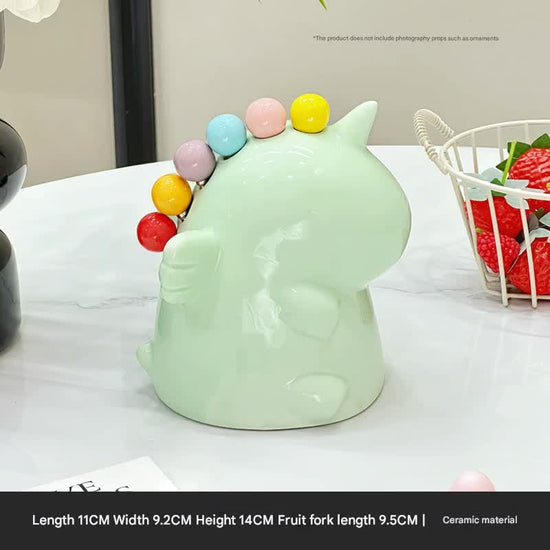Adorable Unicorn Ceramic Fruit Fork Holder Set - Includes Stainless Steel Forks with Ball Tops(green)