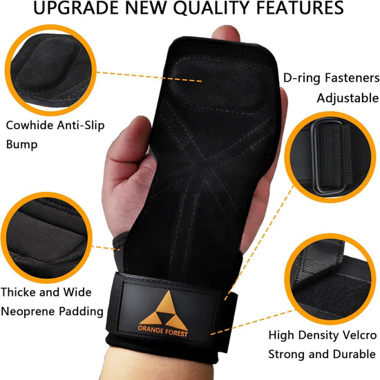 Heavy Duty Weightlifting Grips - Anti-Slip Cowhide Palm Protectors with Neoprene Wrist Support & Adjustable Straps(Purple)