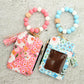 Floral Slim Card Holder Wallet with Beaded Keychain Bracelet & Tassel - 4 Card Slots, ID Window(Light pink)