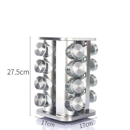 Modern stainless steel rounded corner rotating spice rack with 16 empty glass jars (88 ml each)