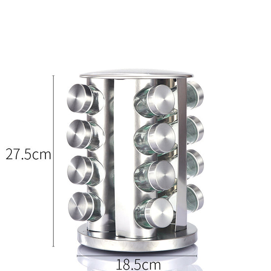 Modern stainless steel round-top rotating spice rack with 16 empty glass jars (88 ml each)