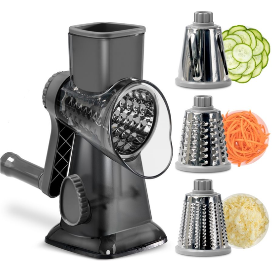Grey Rotary Cheese Grater & Vegetable Slicer - Manual Shredder with 3 Interchangeable Drums
