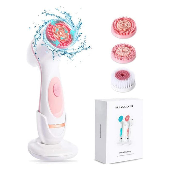 Pink Waterproof Facial Cleansing Spin Brush Set - Rechargeable with 3 Heads & Charging Stand