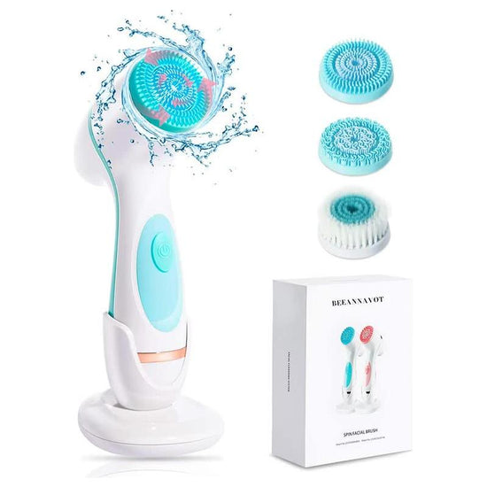 Blue Waterproof Facial Cleansing Spin Brush Set - Rechargeable with 3 Heads & Charging Stand