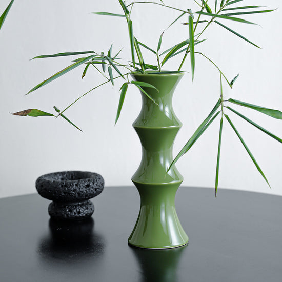 Glossy GreenCeramic Vase - Unique Bamboo-Look Design (25.5x9x7cm)