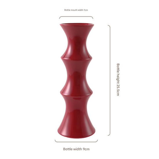 Glossy Red Ceramic Vase - Unique Bamboo-Look Design (25.5x9x7cm)