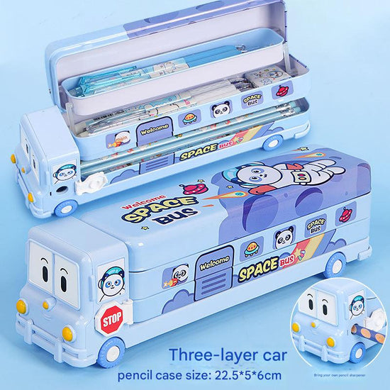 2-pcs Blue Fun School Bus Pencil Box with Built-in Sharpener - 3 Layer Large Capacity Stationery Box for Kids