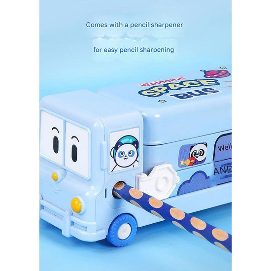 2-pcs Pink Fun School Bus Pencil Box with Built-in Sharpener - 3 Layer Large Capacity Stationery Box for Kids