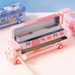 2-pcs Pink Fun School Bus Pencil Box with Built-in Sharpener - 3 Layer Large Capacity Stationery Box for Kids