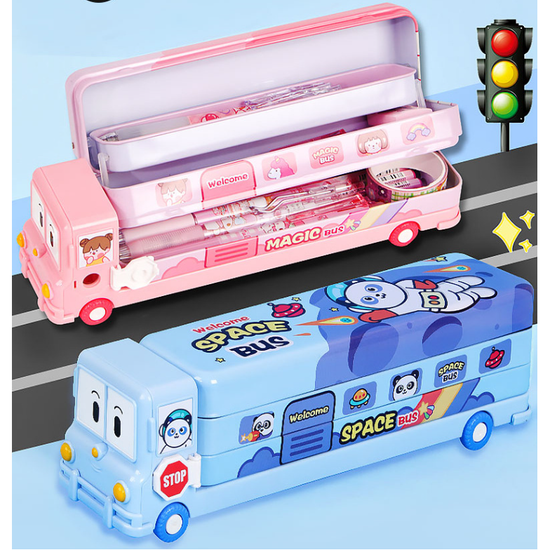 2-pcs (One pink and one blue) Fun School Bus Pencil Box with Built-in Sharpener - 3 Layer Large Capacity Stationery Box for Kids