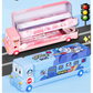 2-pcs (One pink and one blue) Fun School Bus Pencil Box with Built-in Sharpener - 3 Layer Large Capacity Stationery Box for Kids