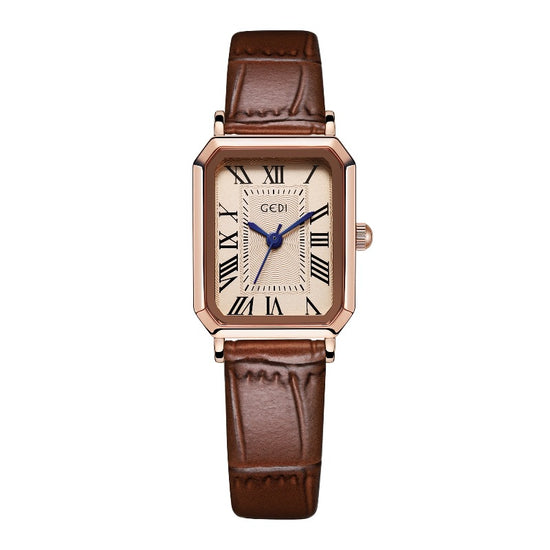 Rose gold shell lotus root plate coffee belt Ladies Quartz Watch - Classic Rectangular, Leather Band