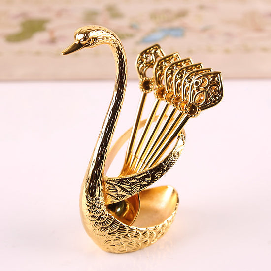 Gold Elegant Swan Cutlery Holder Set with 6 Dessert Spoons