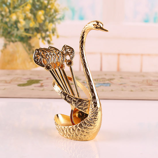 Gold Elegant Swan Cutlery Holder Set with 6 Dessert Spoons