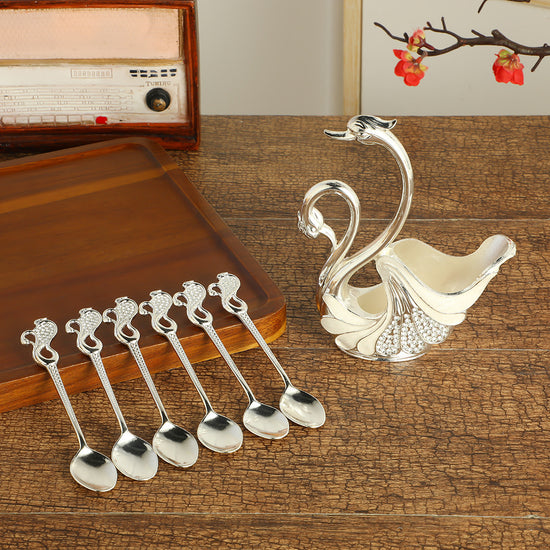 Silver Elegant Double Swan Cutlery Holder Set with 6pcs Spoons