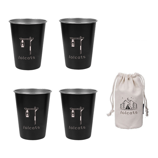 Black 304 Stainless Steel Camping Cup - 350ml Outdoor Drinkware（Set of 4 with Bag）