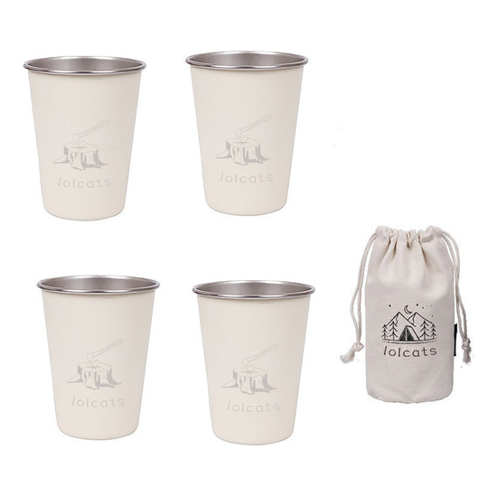 White 304 Stainless Steel Camping Cup - 350ml Outdoor Drinkware(Set of 4 with Bag)