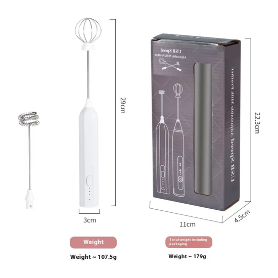 White Mini Hand Mixer with Frother & Balloon Whisk Heads - Rechargeable Kitchen Tool