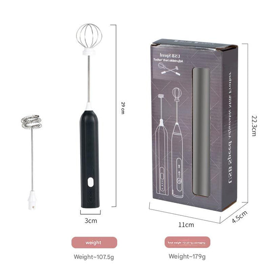 Black Mini Hand Mixer with Frother & Balloon Whisk Heads - Rechargeable Kitchen Tool