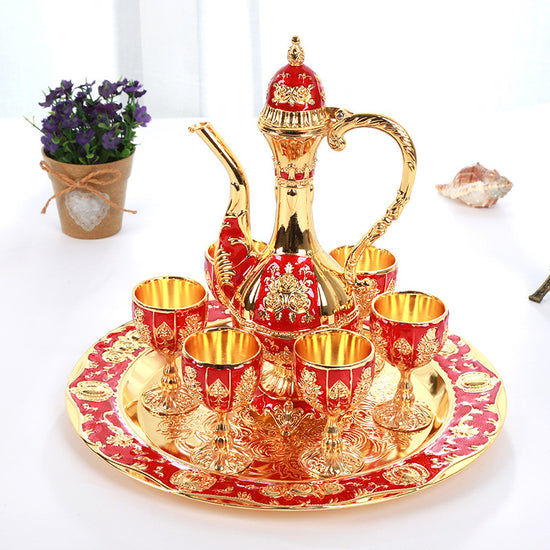 Vintage Palace Style Liquor Serving Set - Metal Pot, 6 Cups & Tray (Golden Red)
