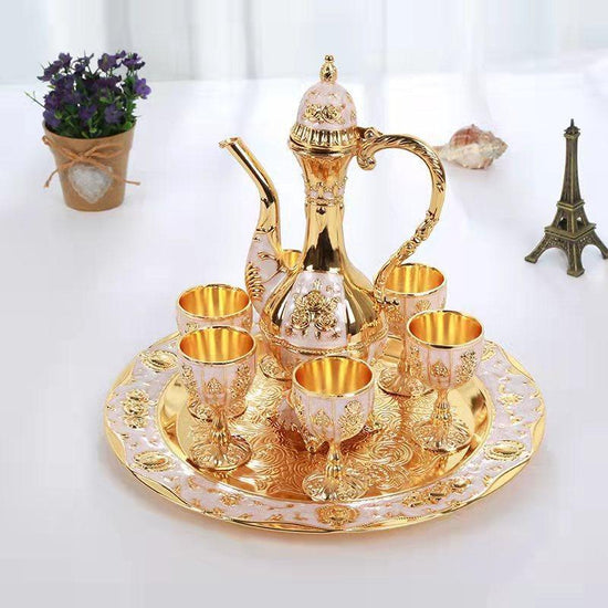 Vintage Palace Style Liquor Serving Set - Metal Pot, 6 Cups & Tray (White Gold)
