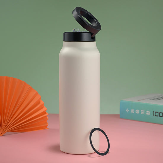 Stainless Steel Insulated Water Bottle with Integrated Magnetic Phone Stand - Beige (24oz)