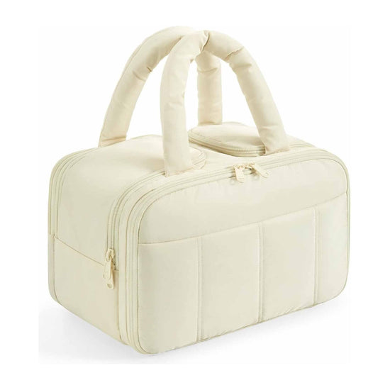 White Puffy Travel Wash Bag with Wide-Mouth Access and Wet-Dry Pockets