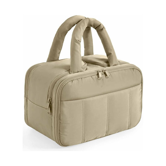 Camel Puffy Travel Wash Bag with Wide-Mouth Access and Wet-Dry Pockets
