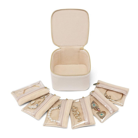 White Compact Travel Jewelry Box with 6 Individual Velvet Zipper Pouches