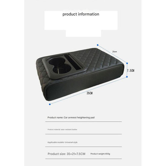 Black Auto Center Console Armrest Riser Pad with Dual Cup Holders - PU Leather
