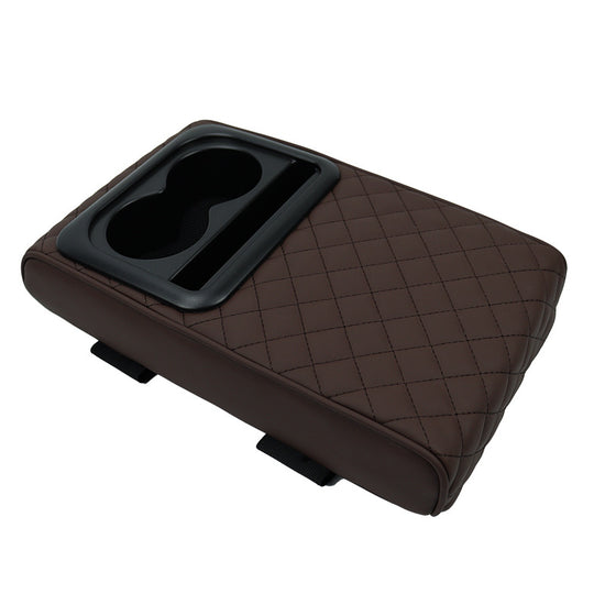 Dark Brown Auto Center Console Armrest Riser Pad with Dual Cup Holders - PU Leather