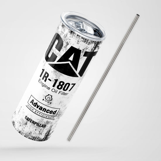 White Skinny Tumbler (591ml) - Fun CAT Oil Filter Replica for Construction Fans