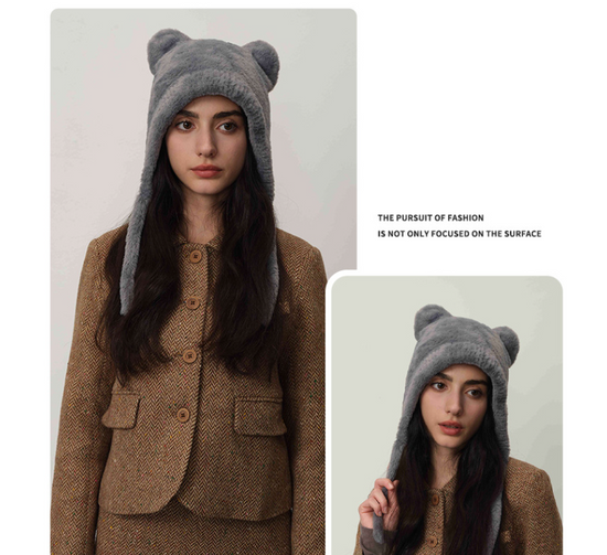 Light gray Fluffy Cat Ear Winter Earflap Hat Women Knitted Warm Cold Weather Cap