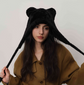 Black Fluffy Cat Ear Winter Earflap Hat Women Knitted Warm Cold Weather Cap